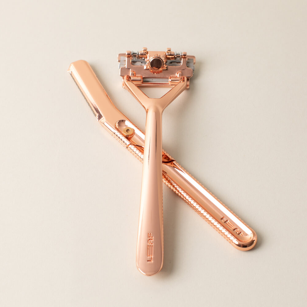 The rose gold face and body set with the Leaf razor and dermaplaner