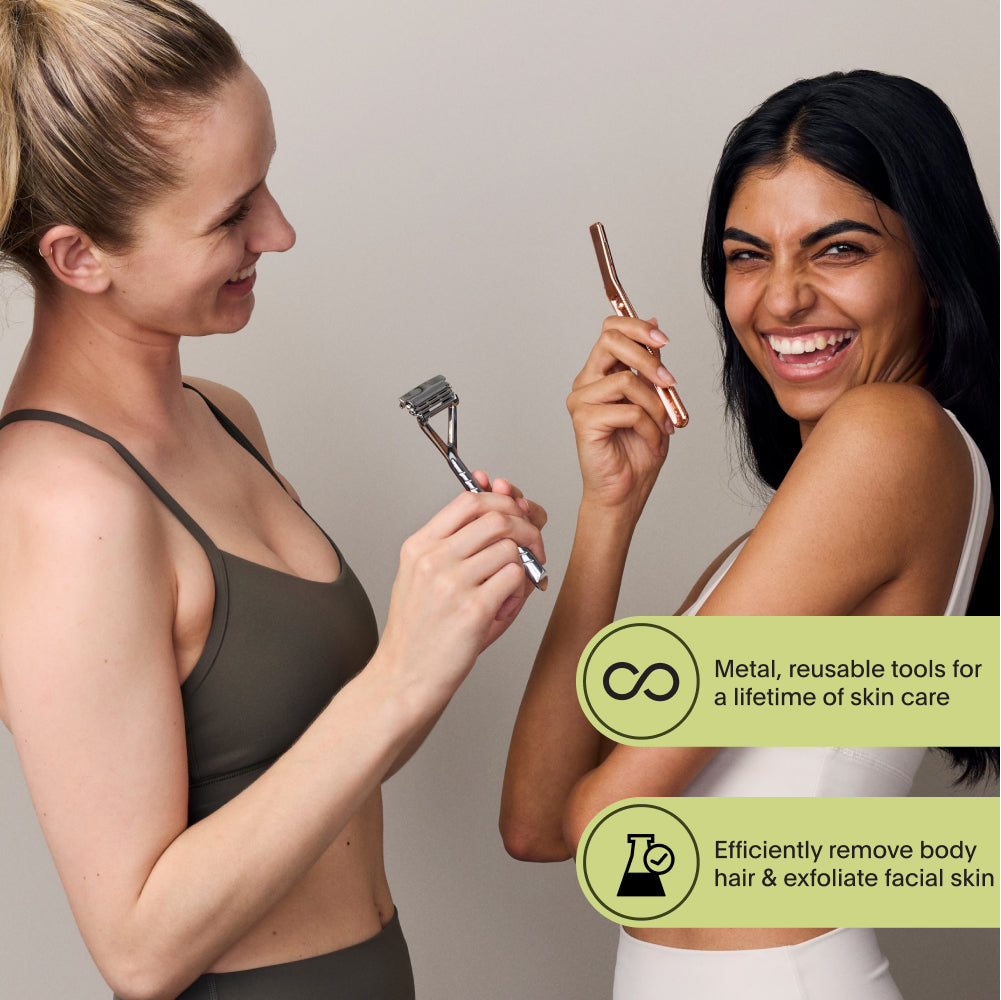 Women laughing together with usability features of the dermaplaner and Leaf razor