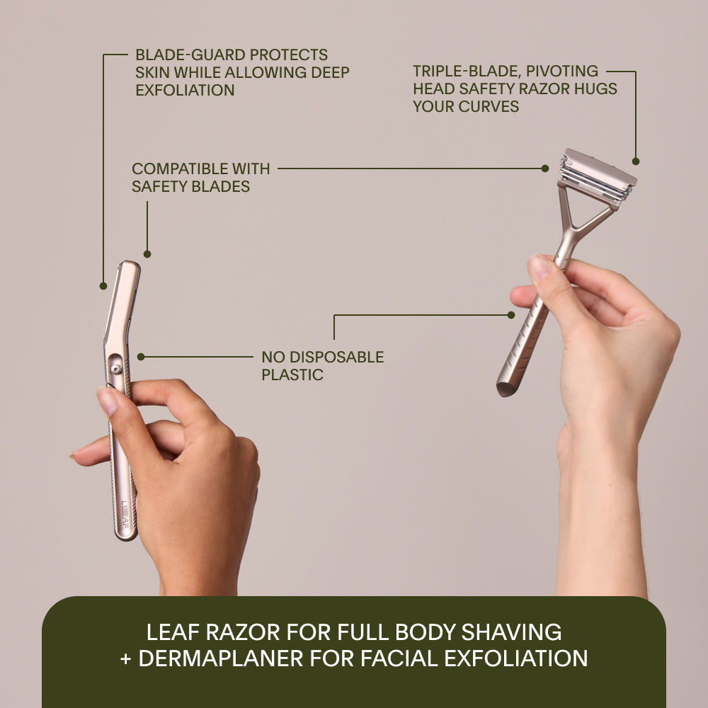 The Leaf razor and dermaplaner side by side displaying the features of each