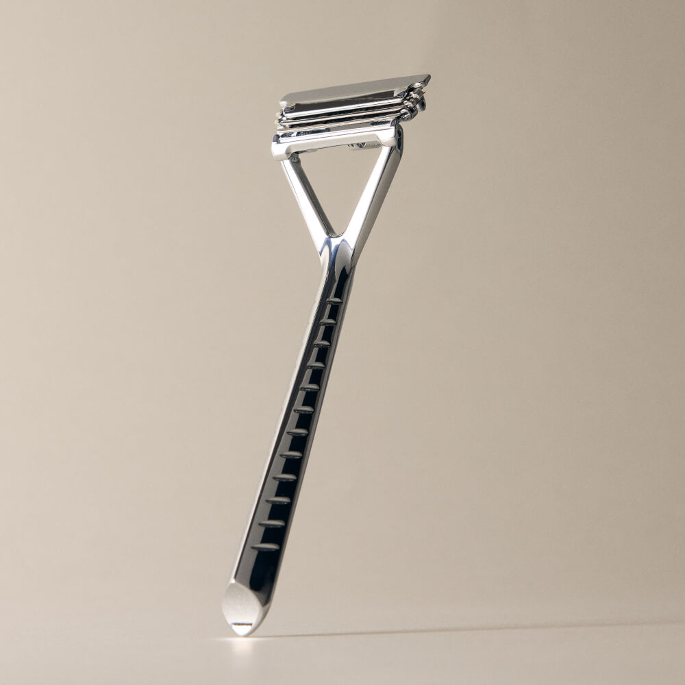 Leaf razor displayed upright in chrome