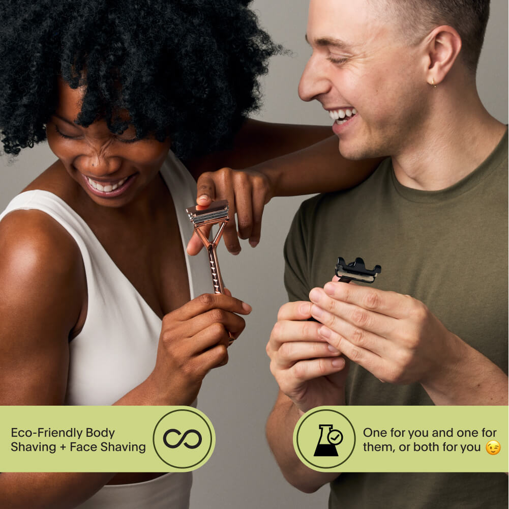 Couple laugh together each holding a razor with their usability benefits