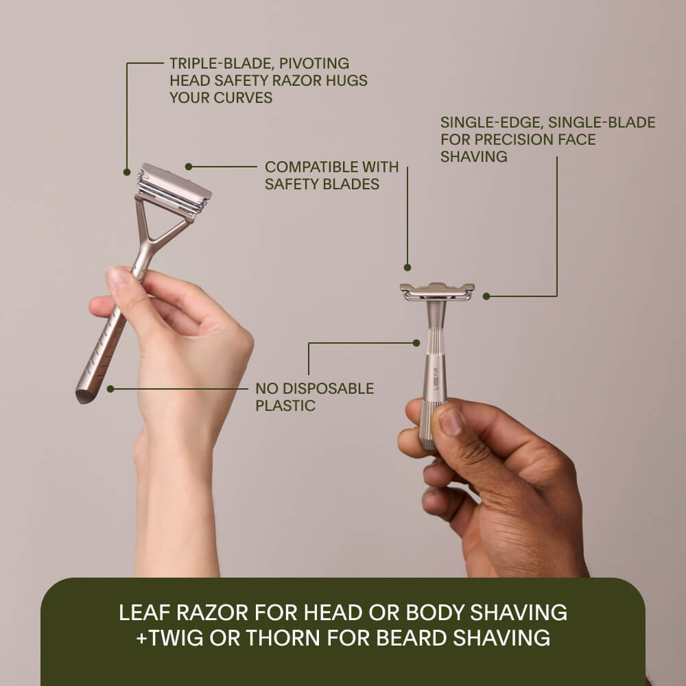 Enhanced feature callouts of the Leaf and single edge razor