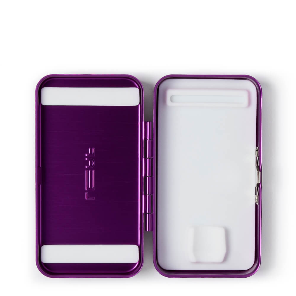 An opened fig single edge razor case