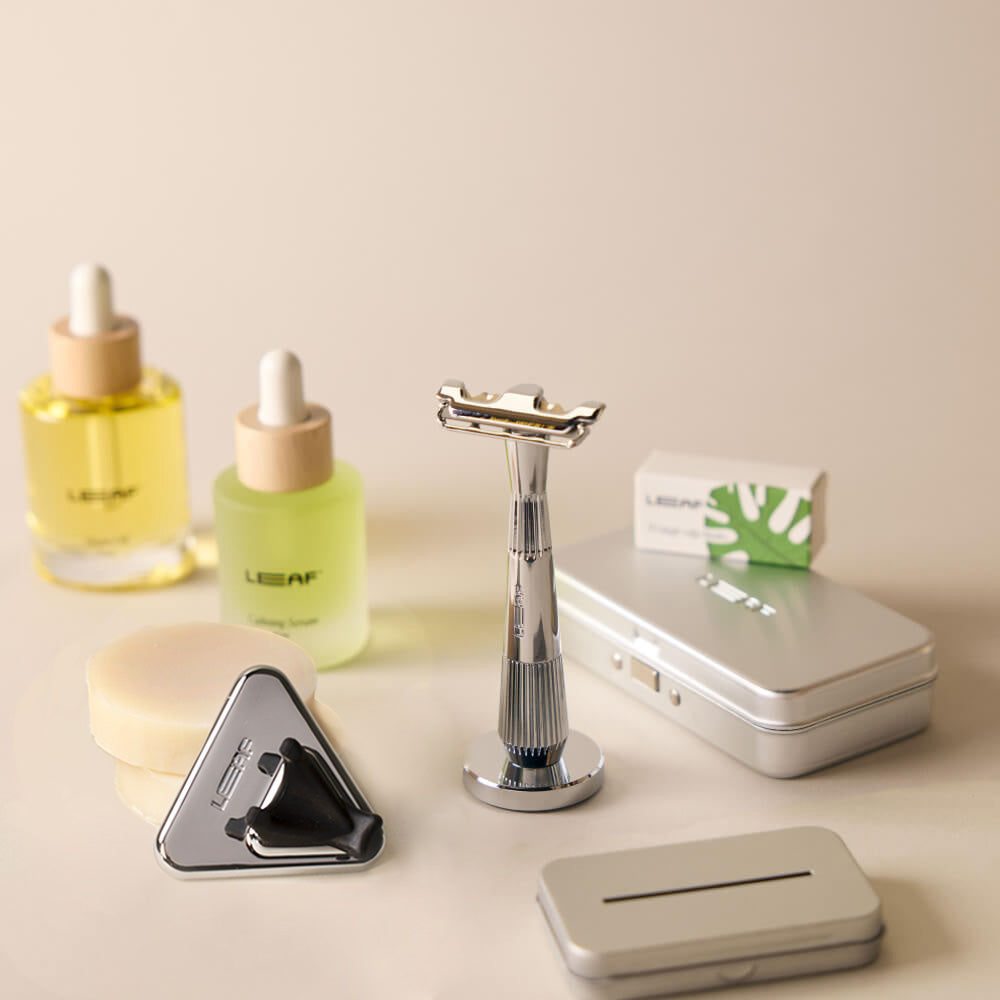 The chrome single edge everything bundle with the single edge razor, stand, blades, case, recycling tin, shave oil, calming serum, shave soap bar, and shower holder