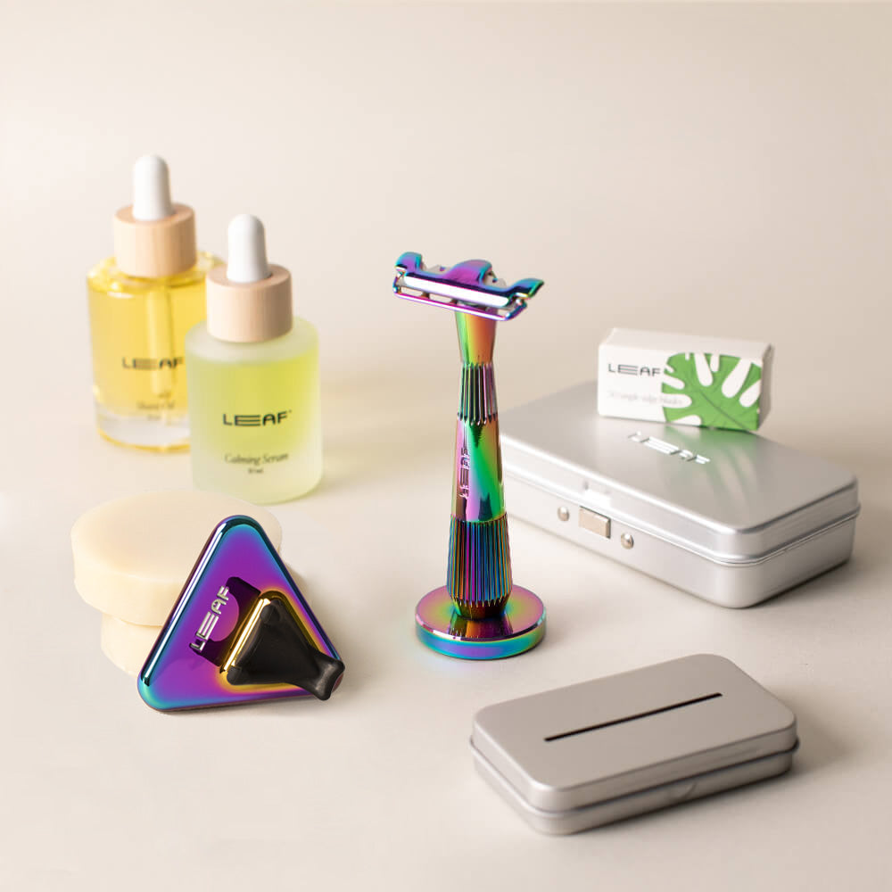 The prism single edge everything bundle with the single edge razor, stand, blades, case, recycling tin, shave oil, calming serum, shave soap bar, and shower holder