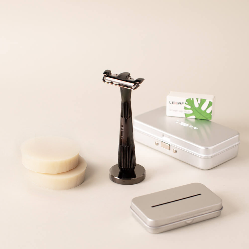 The mercury single edge super bundle with the single edge razor, stand, blades, case, recycling tin, and shave soap bar