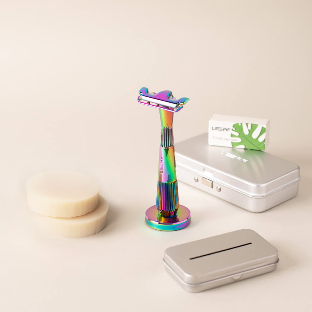 The prism single edge super bundle with the single edge razor, stand, blades case, recycling tin, and shave soap bar