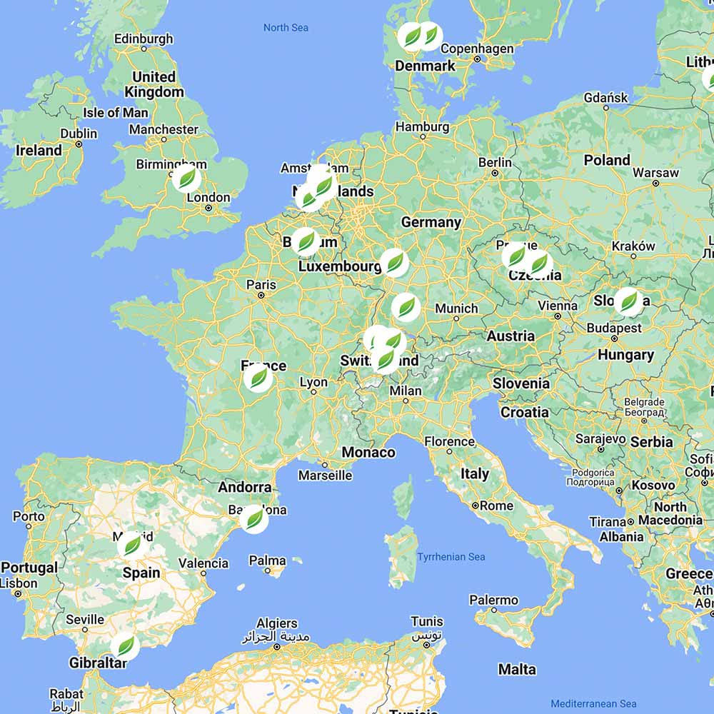 A map of all LeafShave stores across Europe